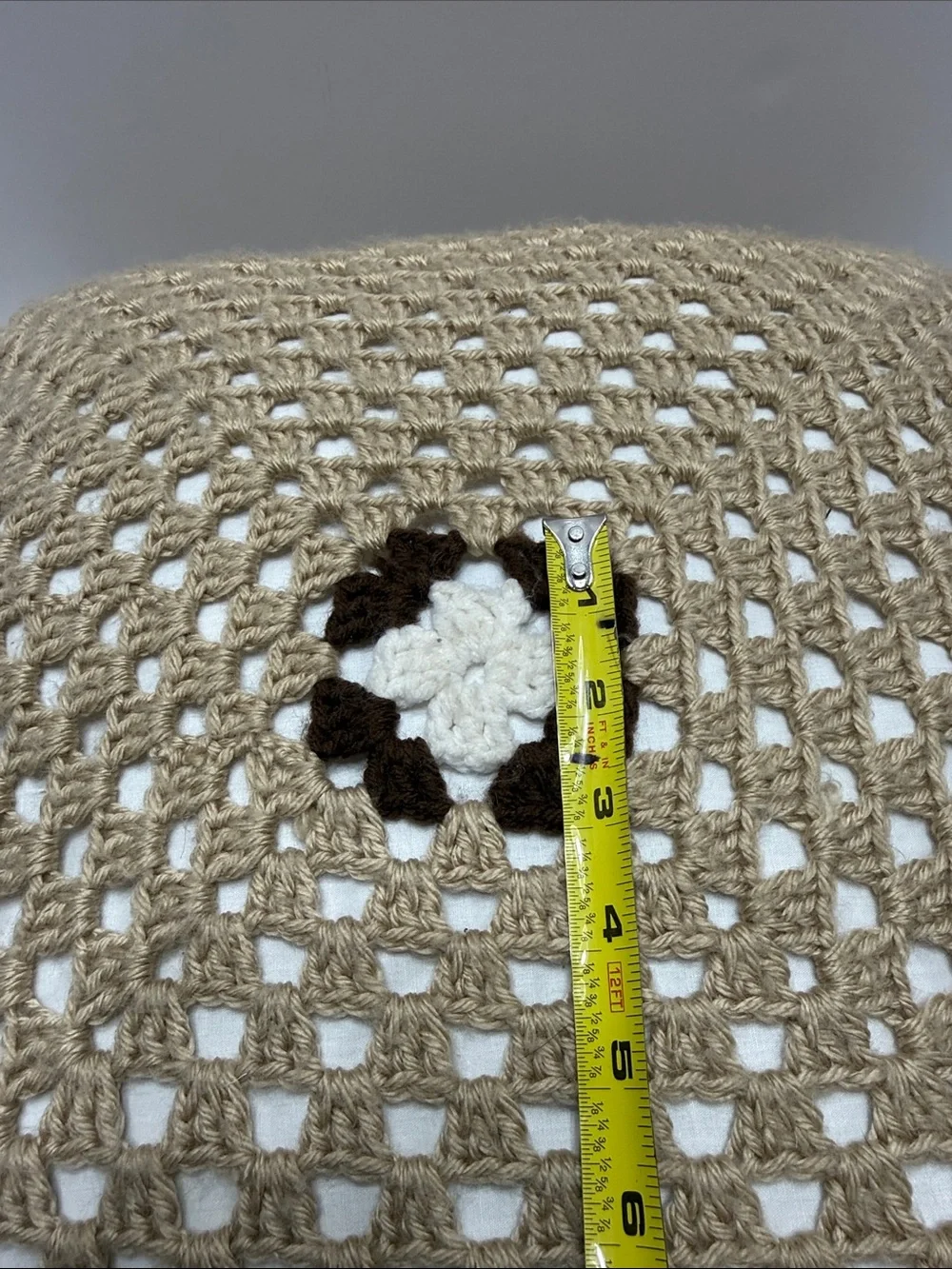 Neutral Crochet Square Pillow with Center Flower Motif